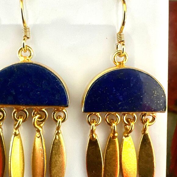 14k Gold Plated Lapis Lazuli Drop Earrings - Picture 2 of 10